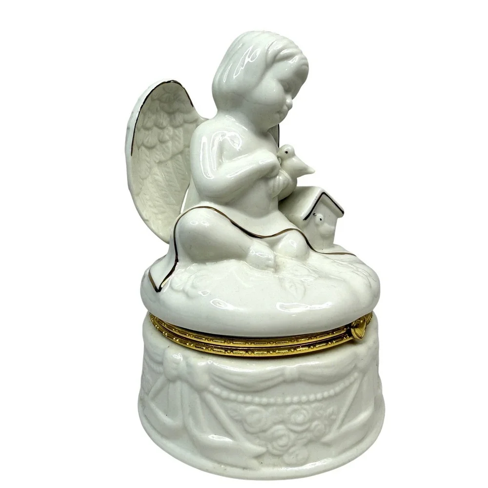 Porcelain Angel Trinket Jewelry Box Bath Salt Holder Gold Trim Bird 5in Wx7in H